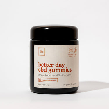 Black jar of Eir Health Better Day CBD gummies with white label on white background. Raspberry flavored gummies, sugar-free and gluten-free, containing 180 grams of product.