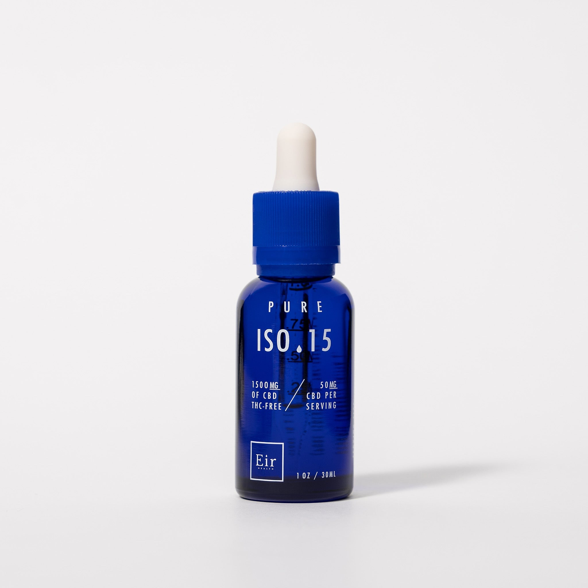 Blue bottle with 1500 mg strength CBD oil, THC-free, with a white pipette on a white background.