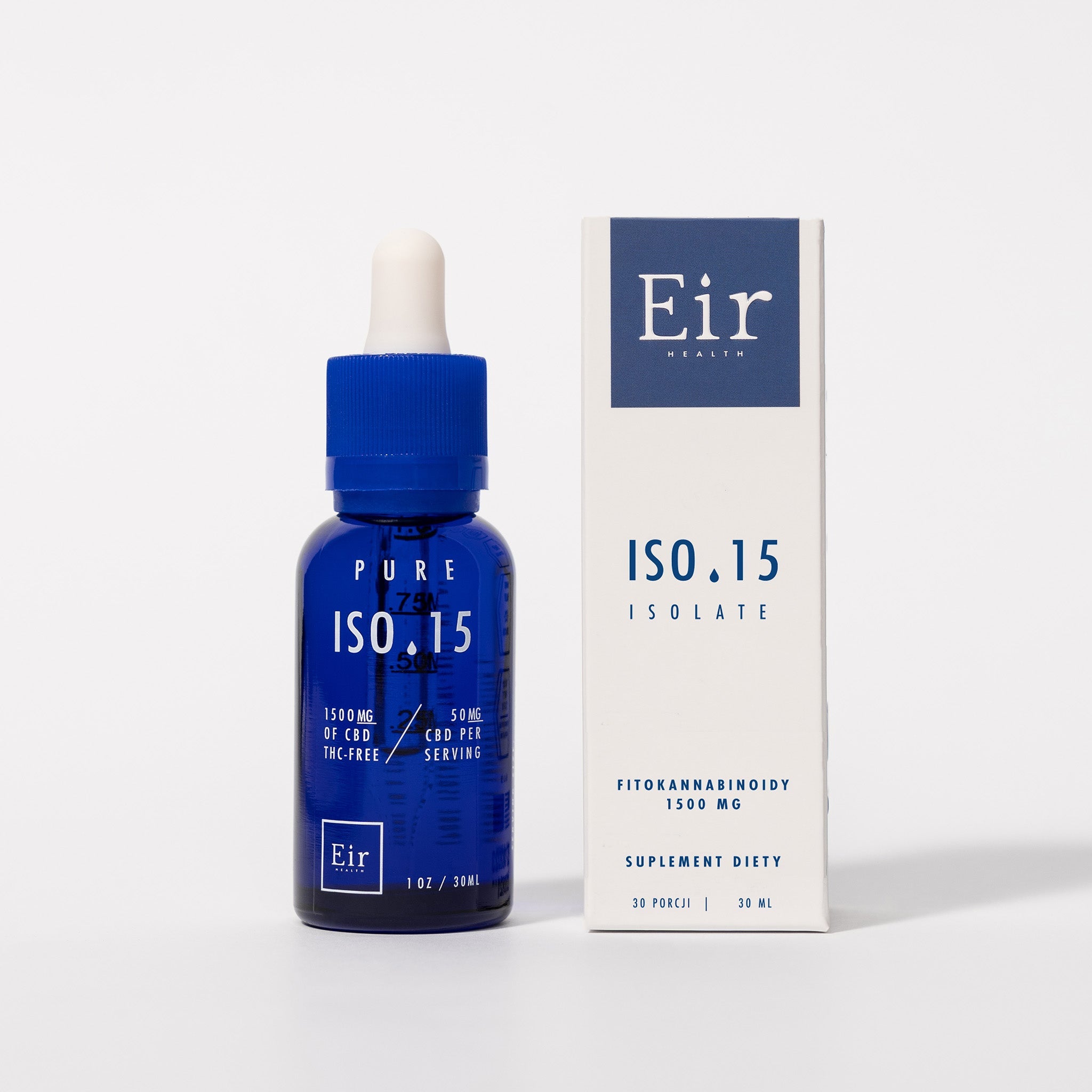 Bottle of CBD Oil ISO 15 next to a white box with the Eir logo on a white background.