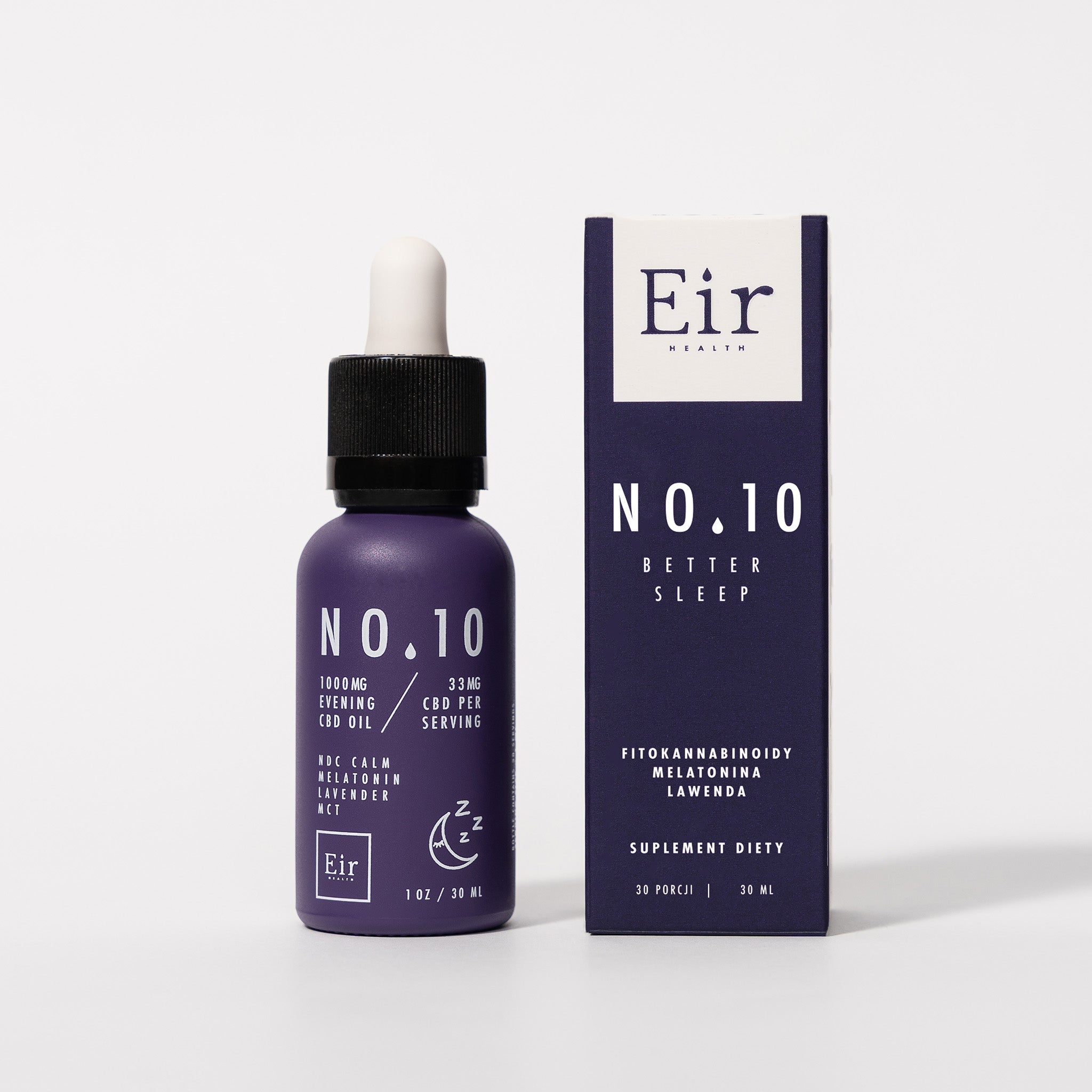 Purple bottle of Eir No. 10 CBD Oil with melatonin and lavender 'Better Sleep' next to its packaging, displaying 1000 mg CBD content, on a white background.