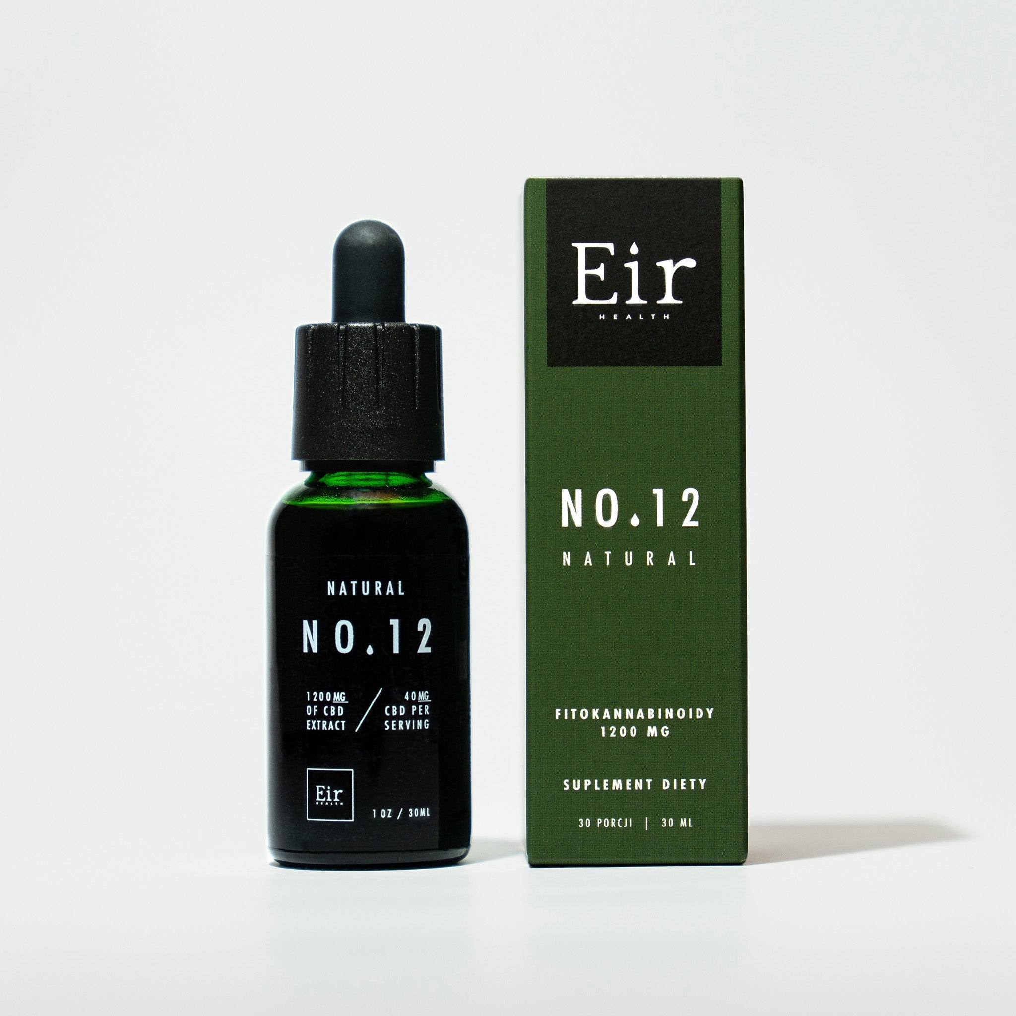 A bottle of Eir Natural No. 12 green CBD oil with a dropper, alongside a dark green package displaying information about its 1200 mg CBD content, set against a white background.